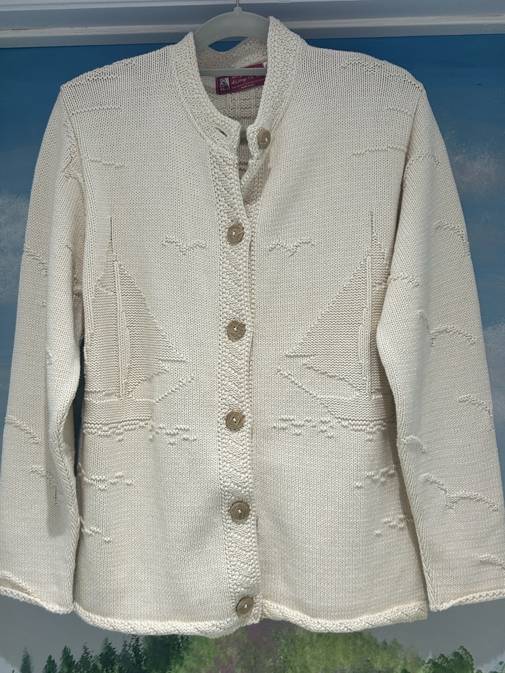Vintage 80’s Binghamton Knitting Co. Cream Cotton Sailboat Cardigan Sweater